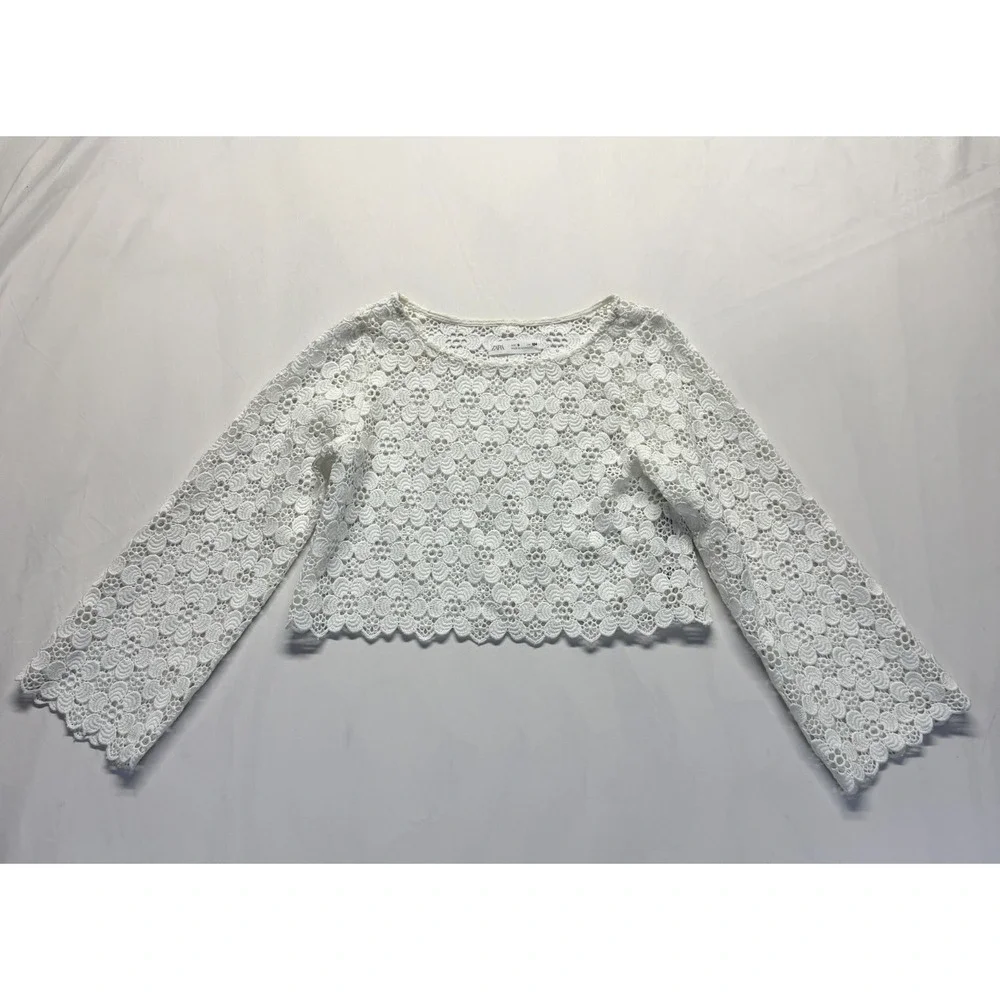 Zara Crochet Lace Blouse Top Womens 9 White Floral Round Neck Cropped Casual